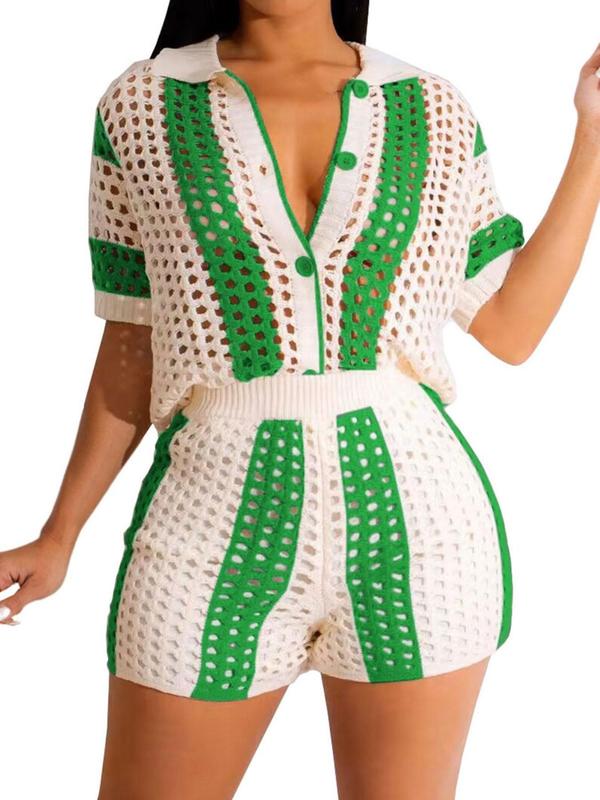 Women's Sexy See-through Hollow Out Button Front Top & High Waist Shorts Set without Cami Top, Co Ord Set Summer, Casual Colorblock Striped Print Short Sleeve Collared Button Up Top & Shorts, Two Piece Set, Outfits for Beach Vacation