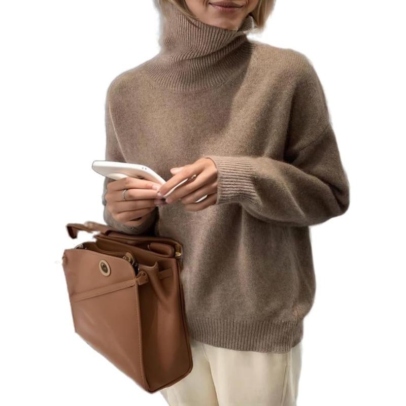 Women's Cashmere High Neck Long Sleeve Sweater Pure Color Cashmere Knit High Neck Short Pullover Loose Slouchy Sweater  Casual Loose Bottom Autumn and Winter Pullover Sweater