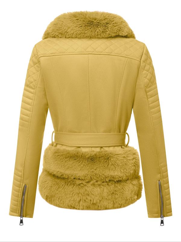 Women's Solid Belted Contrast Faux Fur Coat, Casual Long Sleeve Zip Up Outerwear for Fall & Winter,  Winter Clothes Women, Ladies Clothes for Daily Wear