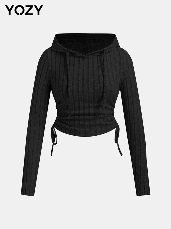 YOZY Women's Plain Ruched Drawstring Hoodie, Casual Long Sleeve Hooded Sweatshirt for Fall & Winter, Women's Clothing for Daily Wear
