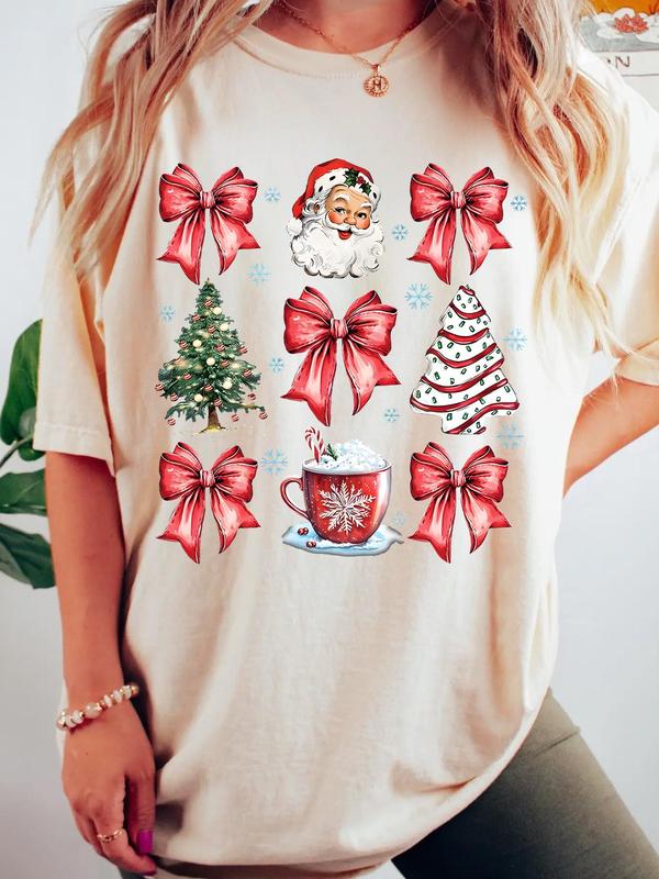 Women's Christmas Themed Print Round Neck Tee, Casual Short Sleeve Crew Neck T-shirt for Summer, Fashion Women's Top for Daily Wear