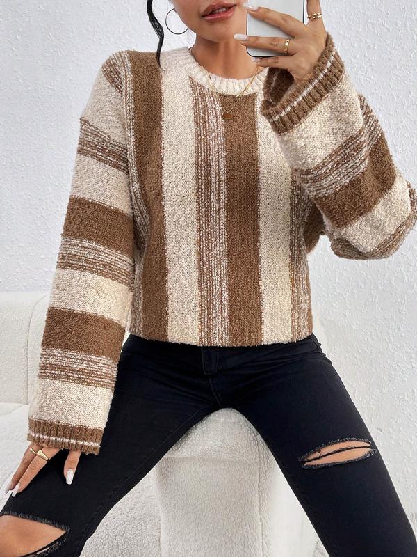 Women's Colorblock Striped Print Drop Shoulder Sweater, Casual Long Sleeve Round Neck Jumper for Fall & Winter, Fashion Ladies' Knitwear for Daily Wear, Fall Clothes