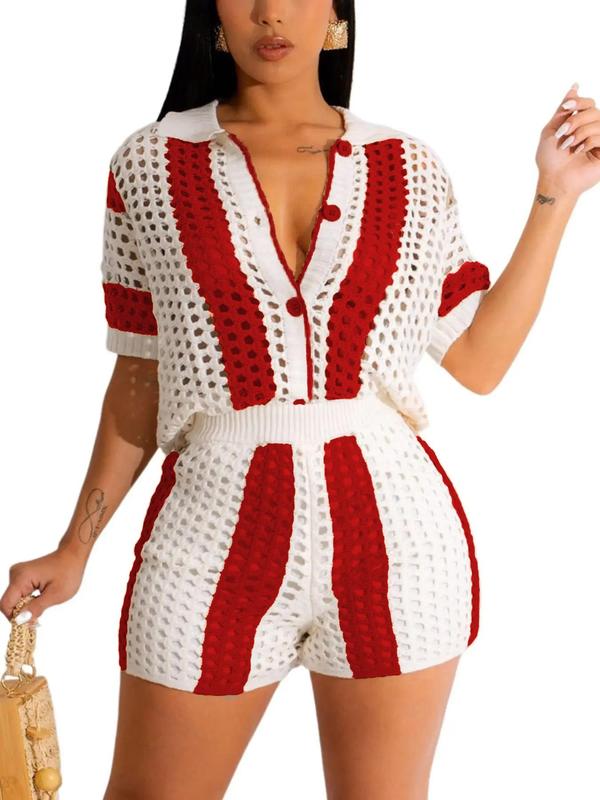 Women's Sexy See-through Hollow Out Button Front Top & High Waist Shorts Set without Cami Top, Co Ord Set Summer, Casual Colorblock Striped Print Short Sleeve Collared Button Up Top & Shorts, Two Piece Set, Outfits for Beach Vacation