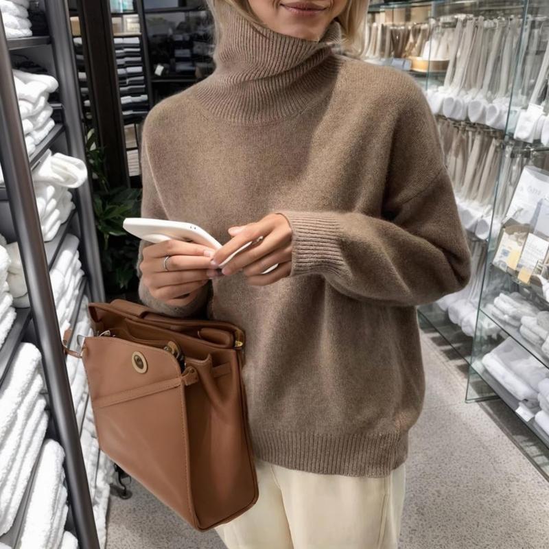 Women's Cashmere High Neck Long Sleeve Sweater Pure Color Cashmere Knit High Neck Short Pullover Loose Slouchy Sweater  Casual Loose Bottom Autumn and Winter Pullover Sweater