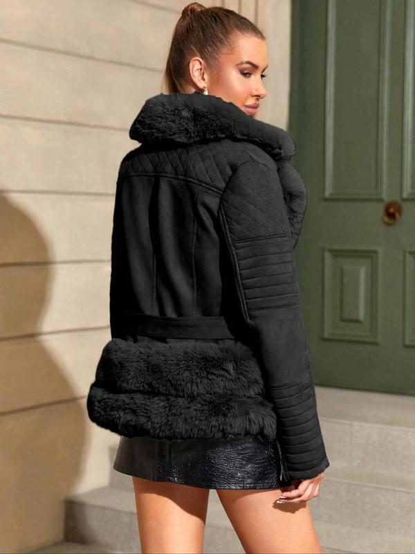 Women's Solid Belted Contrast Faux Fur Coat, Casual Long Sleeve Zip Up Outerwear for Fall & Winter,  Winter Clothes Women, Ladies Clothes for Daily Wear