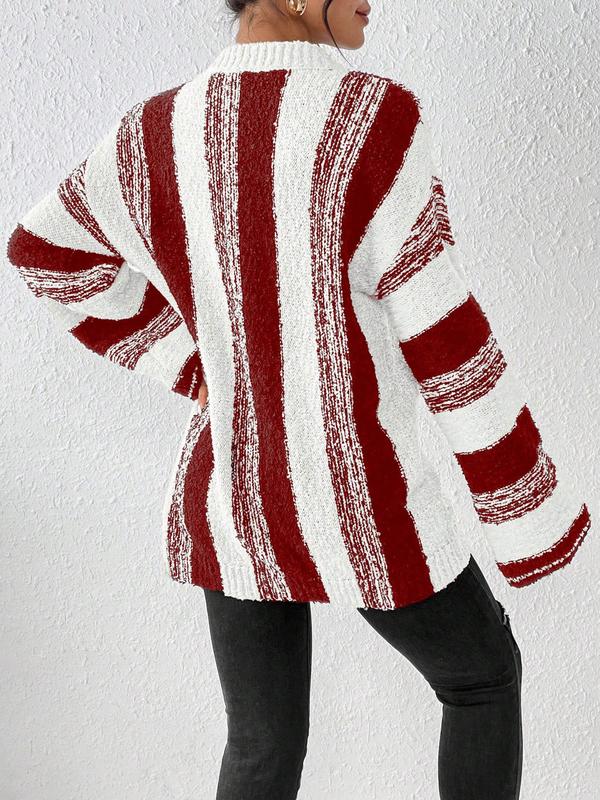 Women's Colorblock Striped Print Drop Shoulder Sweater, Casual Long Sleeve Round Neck Jumper for Fall & Winter, Fashion Ladies' Knitwear for Daily Wear, Fall Clothes