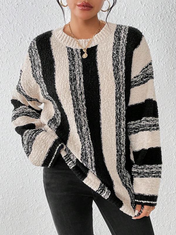 Women's Colorblock Striped Print Drop Shoulder Sweater, Casual Long Sleeve Round Neck Jumper for Fall & Winter, Fashion Ladies' Knitwear for Daily Wear, Fall Clothes