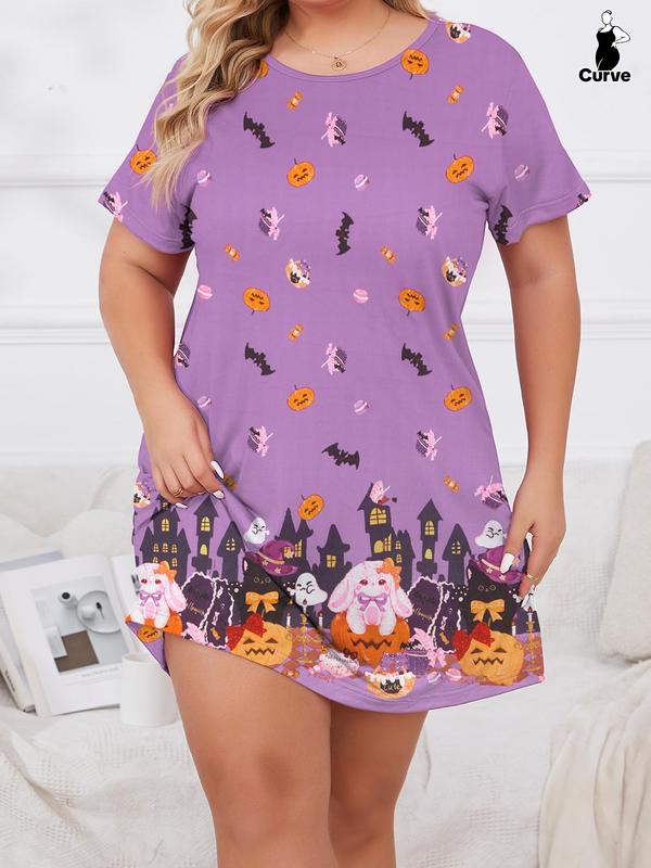 Plus Size Lip & Dinosaur Print Drop Shoulder Nightdress, Casual Soft Half Sleeve Nightgown for Women, Women's Sleepwear for Summer