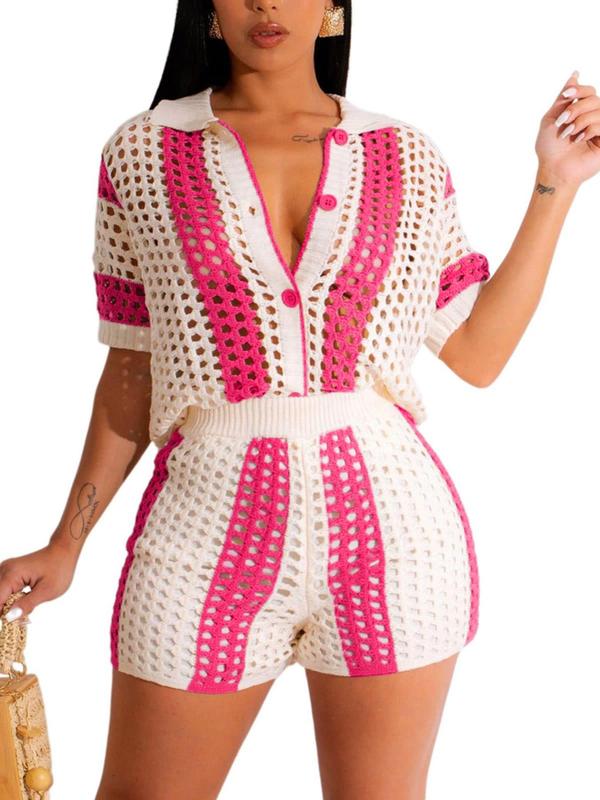Women's Sexy See-through Hollow Out Button Front Top & High Waist Shorts Set without Cami Top, Co Ord Set Summer, Casual Colorblock Striped Print Short Sleeve Collared Button Up Top & Shorts, Two Piece Set, Outfits for Beach Vacation