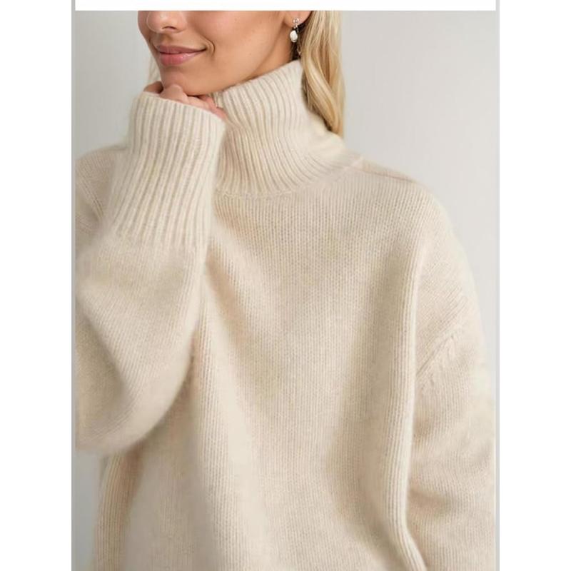 Women's Cashmere High Neck Long Sleeve Sweater Pure Color Cashmere Knit High Neck Short Pullover Loose Slouchy Sweater  Casual Loose Bottom Autumn and Winter Pullover Sweater