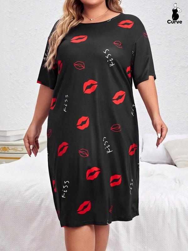 Plus Size Lip & Dinosaur Print Drop Shoulder Nightdress, Casual Soft Half Sleeve Nightgown for Women, Women's Sleepwear for Summer