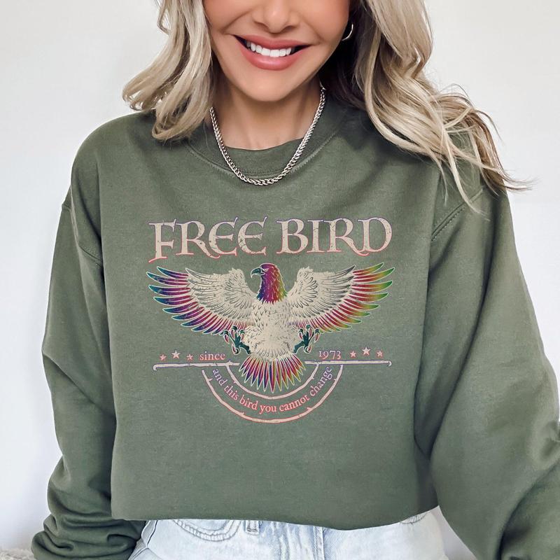 Free Bird, Band, Old School Band, Retro Music, Rock Band Sweatshirt, Women's Crew Neck, Crewneck Casual Comfort Comfortable Graphic Casual Comfort Womenswear Comfortable Graphic