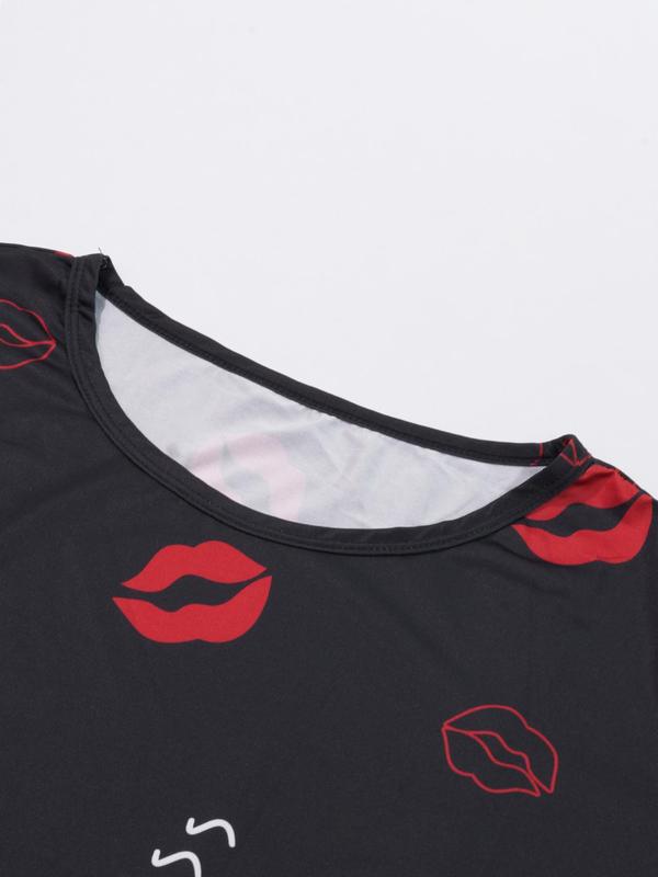 Plus Size Lip & Dinosaur Print Drop Shoulder Nightdress, Casual Soft Half Sleeve Nightgown for Women, Women's Sleepwear for Summer