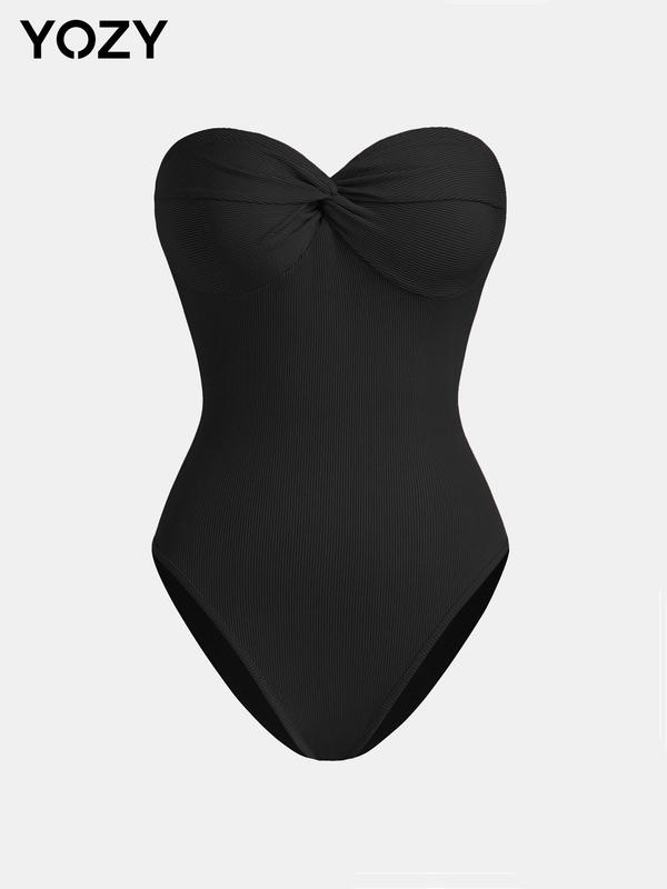 YOZY Women's Solid Twist Front Ribbed Tube Bodysuit, Casual Strapless Bodysuit for Daily Wear, Ladies Clothes for All Seasons