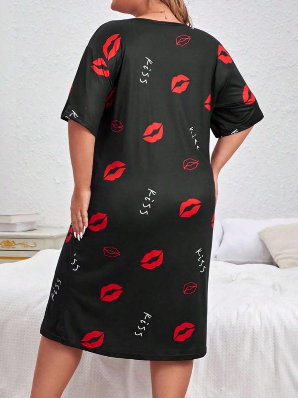 Plus Size Lip & Dinosaur Print Drop Shoulder Nightdress, Casual Soft Half Sleeve Nightgown for Women, Women's Sleepwear for Summer