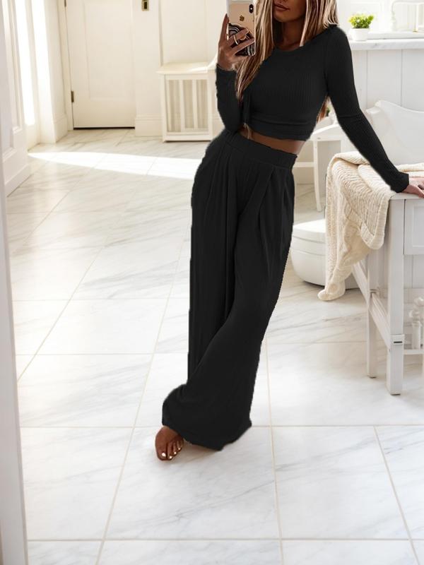 Two-Piece Set Women's Solid Long Sleeve Crop Top & Wide Leg Pants, Casual Fashion Cozy Round Neck Top & Trousers for Daily Outdoor Wear, Women's Clothing for Spring & Fall