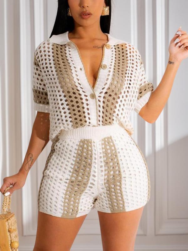 Women's Sexy See-through Hollow Out Button Front Top & High Waist Shorts Set without Cami Top, Co Ord Set Summer, Casual Colorblock Striped Print Short Sleeve Collared Button Up Top & Shorts, Two Piece Set, Outfits for Beach Vacation