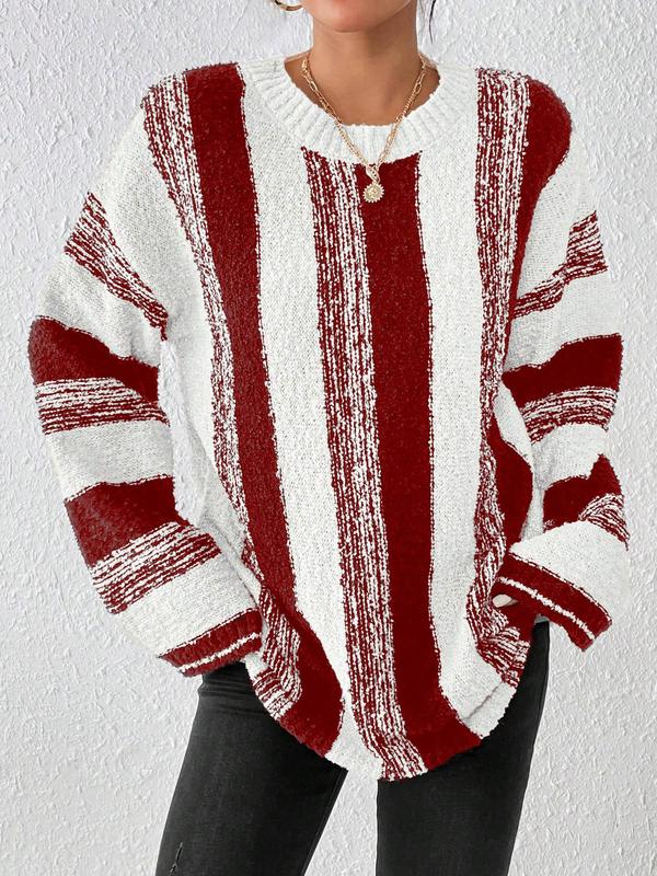 Women's Colorblock Striped Print Drop Shoulder Sweater, Casual Long Sleeve Round Neck Jumper for Fall & Winter, Fashion Ladies' Knitwear for Daily Wear, Fall Clothes