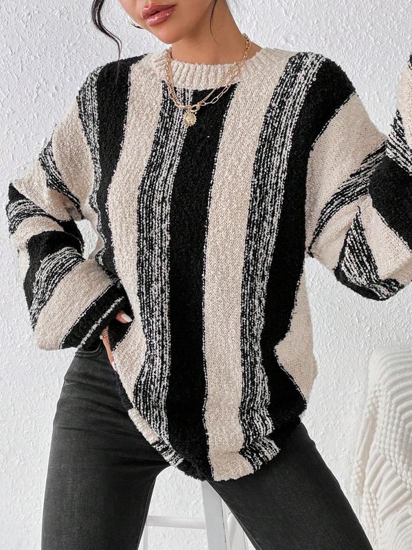 Women's Colorblock Striped Print Drop Shoulder Sweater, Casual Long Sleeve Round Neck Jumper for Fall & Winter, Fashion Ladies' Knitwear for Daily Wear, Fall Clothes