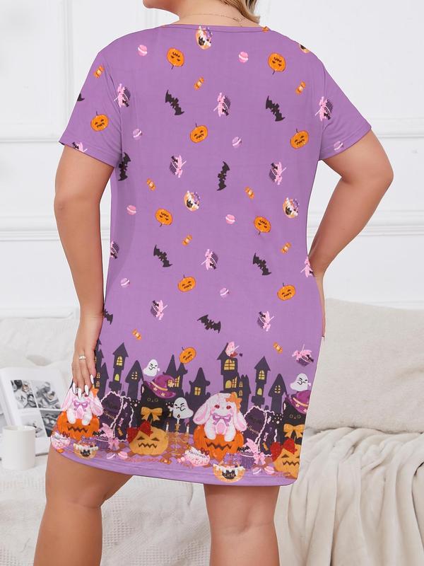 Plus Size Lip & Dinosaur Print Drop Shoulder Nightdress, Casual Soft Half Sleeve Nightgown for Women, Women's Sleepwear for Summer