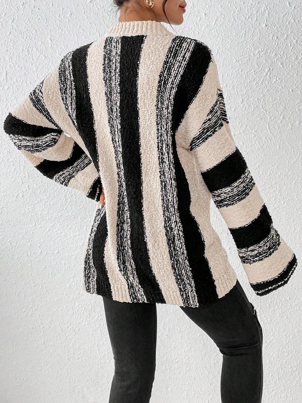 Women's Colorblock Striped Print Drop Shoulder Sweater, Casual Long Sleeve Round Neck Jumper for Fall & Winter, Fashion Ladies' Knitwear for Daily Wear, Fall Clothes