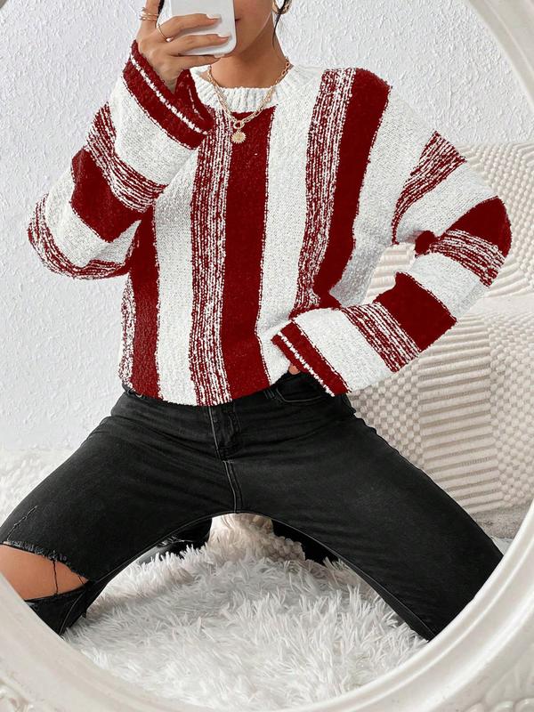 Women's Colorblock Striped Print Drop Shoulder Sweater, Casual Long Sleeve Round Neck Jumper for Fall & Winter, Fashion Ladies' Knitwear for Daily Wear, Fall Clothes