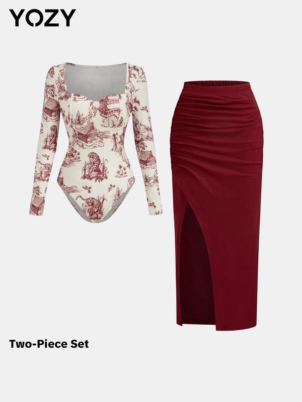 YOZY Christmas Deals, Women's All Over Print Bodysuit & Split Hem Skirt Two-piece Set, Long Sleeve Sweetheart Neck Bodysuit & Ruched Skirt, Ladies Clothes for All Seasons, Christmas 2024 Trend, Fall & Winter Outfits