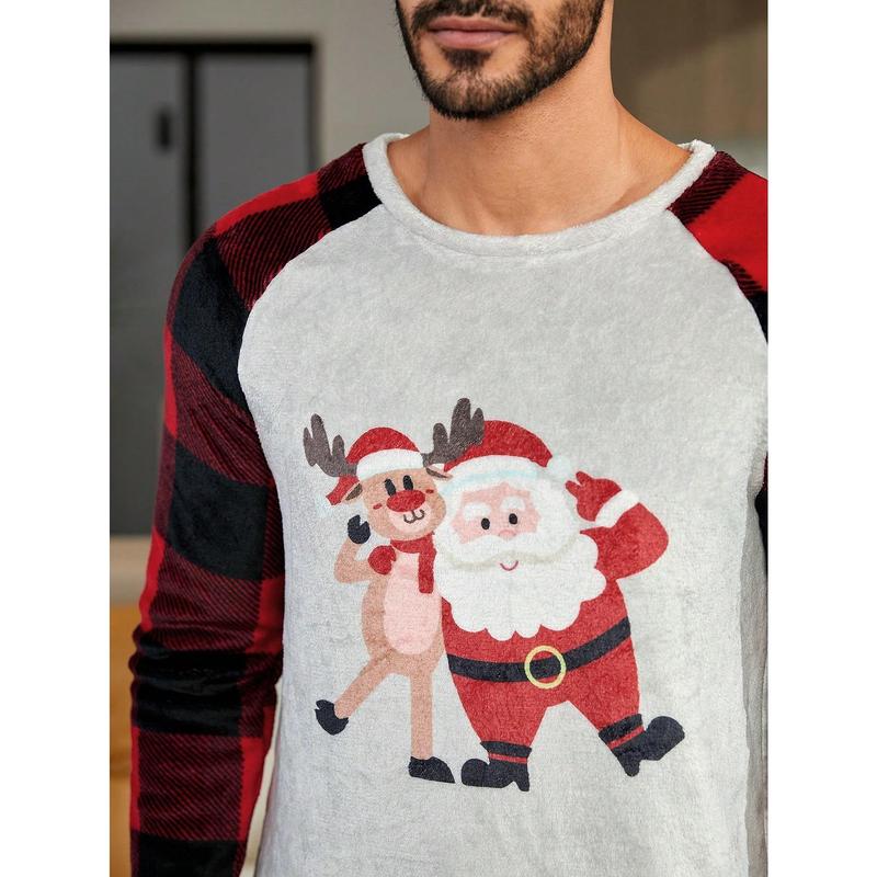 CoupledUp 1pc Christmas Print Raglan Sleeve Tee & 1pc Buffalo Plaid Print Pants PJ Set   Pajama Set