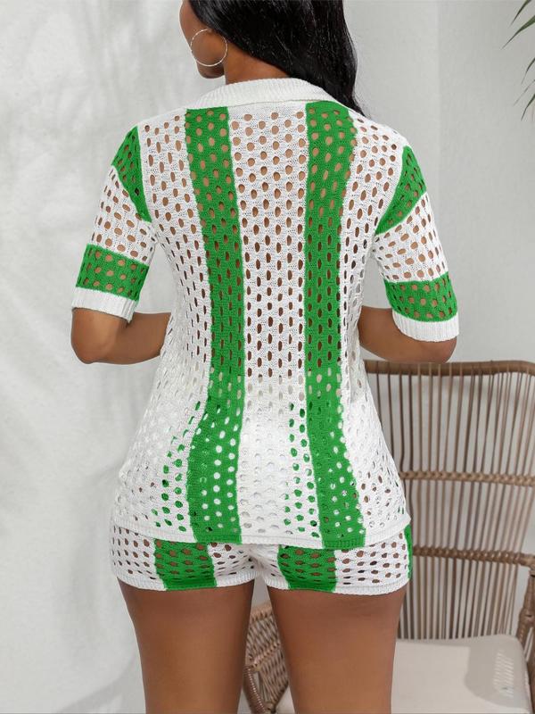 Women's Sexy See-through Hollow Out Button Front Top & High Waist Shorts Set without Cami Top, Co Ord Set Summer, Casual Colorblock Striped Print Short Sleeve Collared Button Up Top & Shorts, Two Piece Set, Outfits for Beach Vacation