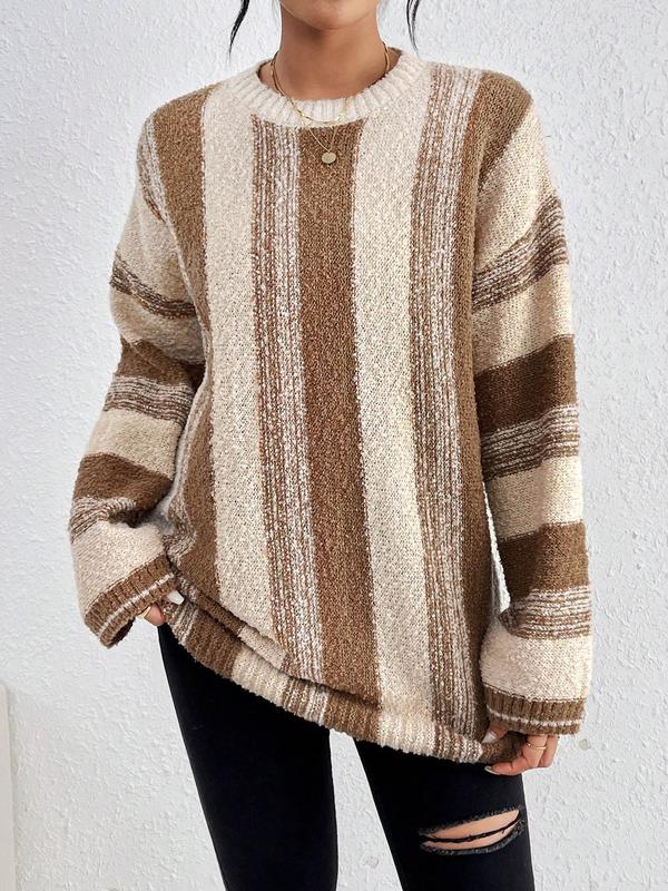 Women's Colorblock Striped Print Drop Shoulder Sweater, Casual Long Sleeve Round Neck Jumper for Fall & Winter, Fashion Ladies' Knitwear for Daily Wear, Fall Clothes
