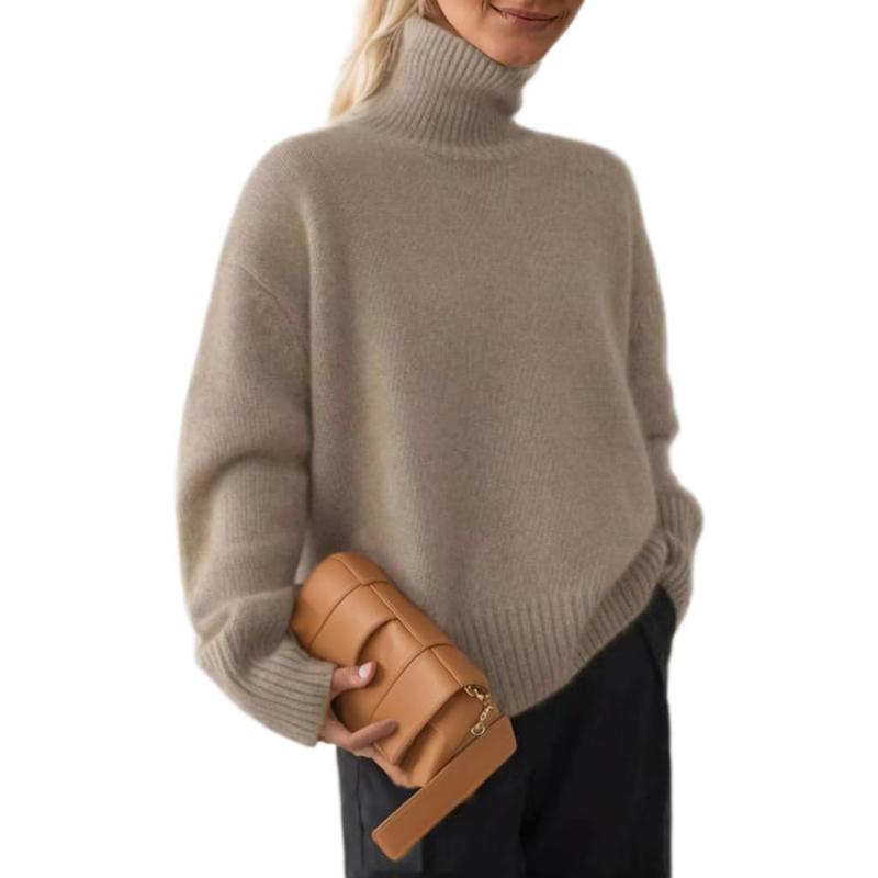 Women's Cashmere High Neck Long Sleeve Sweater Pure Color Cashmere Knit High Neck Short Pullover Loose Slouchy Sweater  Casual Loose Bottom Autumn and Winter Pullover Sweater