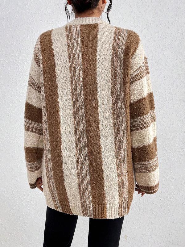 Women's Colorblock Striped Print Drop Shoulder Sweater, Casual Long Sleeve Round Neck Jumper for Fall & Winter, Fashion Ladies' Knitwear for Daily Wear, Fall Clothes