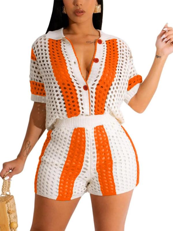 Women's Sexy See-through Hollow Out Button Front Top & High Waist Shorts Set without Cami Top, Co Ord Set Summer, Casual Colorblock Striped Print Short Sleeve Collared Button Up Top & Shorts, Two Piece Set, Outfits for Beach Vacation