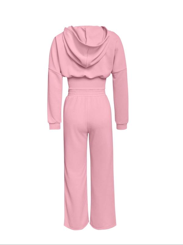 Women's Solid Zip Up Crop Hooded Jacket & Elastic Waist Sweatpants Two-piece Set, Casual Fashion Drop Shoulder Long Sleeve Outerwear & High Waist Trousers for Daily Outdoor Wear, Women's Clothing for Fall & Winter