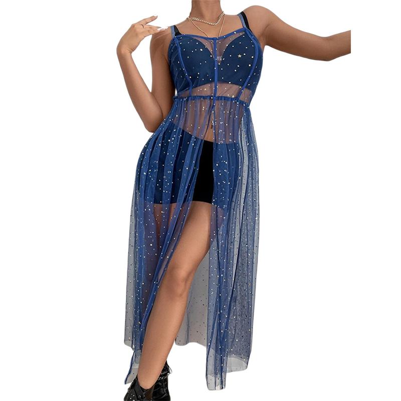 Women Sexy Spaghetti Strap Sheer Mesh High Split Long Maxi Dress Grown for Evening Party Rave Prom