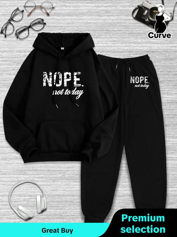  Two-piece Set Letter Print Pocket Hoodie & Drawstring Waist Sweatpants Set, Casual Long Sleeve Hooded Sweatshirt & Jogger Pants, Sweatsuits for Women, Women's Fall & Winter Clothes
