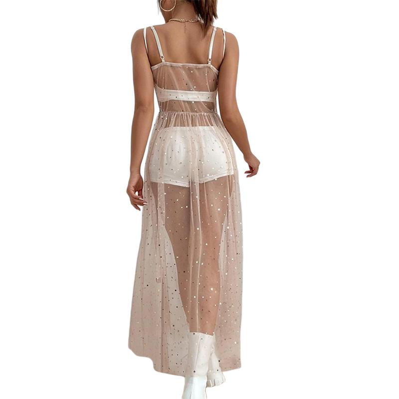 Women Sexy Spaghetti Strap Sheer Mesh High Split Long Maxi Dress Grown for Evening Party Rave Prom
