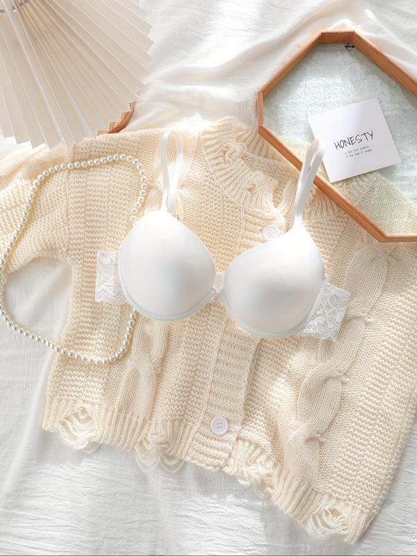 Women's Contrast Lace Hook & Eye Buckle Bralette, Solid Color Push Up Bra, Soft Comfy Breathable Lingerie for Daily Wear