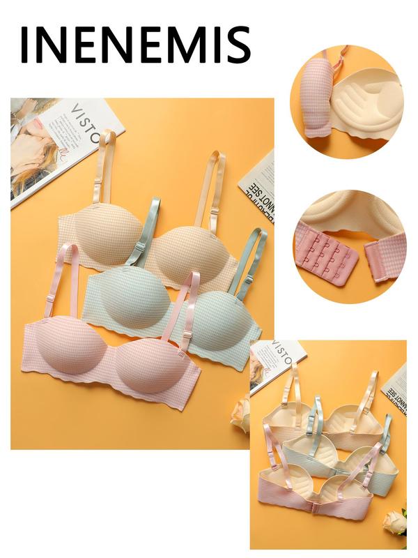 Women's 3pcs Gingham Print Scallop Trim Wireless Bra, Comfortable Breathable Soft Adjustable Strap Push Up Bra for Daily Wear, Lingerie for All Seasons