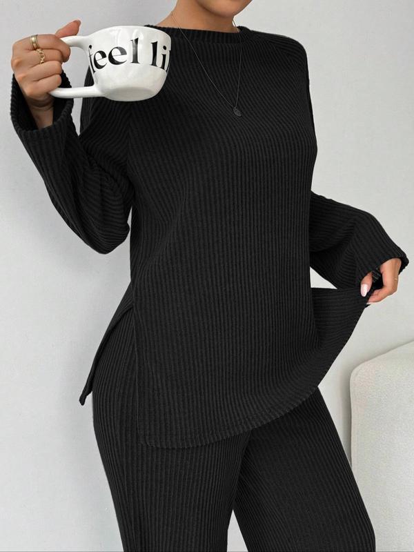 Women's Solid Raglan Sleeve Split Hem Tee & Elastic Waist Pants Ribbed Two-Piece Set, Casual Fashion Cozy Round Neck Top & Trousers for Daily Outdoor Wear, Women's Clothing for Fall & Winter
