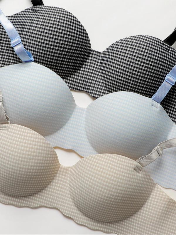 Women's 3pcs Gingham Print Scallop Trim Wireless Bra, Comfortable Breathable Soft Adjustable Strap Push Up Bra for Daily Wear, Lingerie for All Seasons