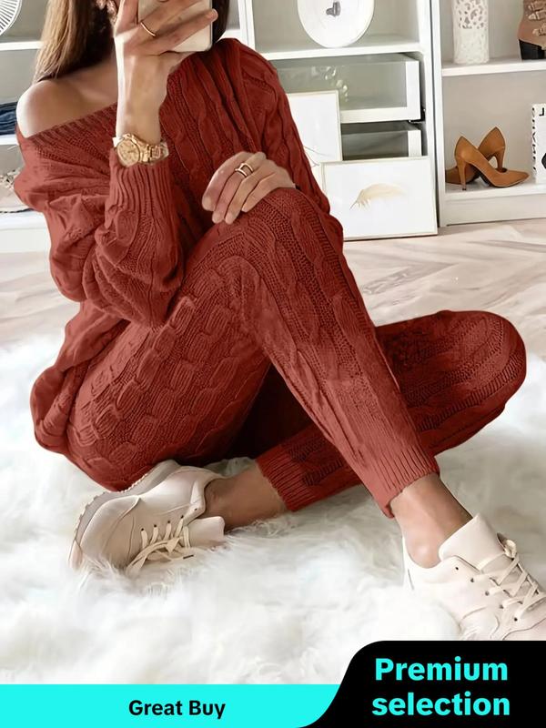 Women's Solid Drop Shoulder Sweater & Elastic Waist Pants Set, Casual Fashion Cozy Off The Shoulder Knit Top & Trousers for Fall, 2 Piece Sets Women, Women's Fall Knitwear Outfits, Sweater Sets, Sweater Co-ords Downtown Girl Clothes
