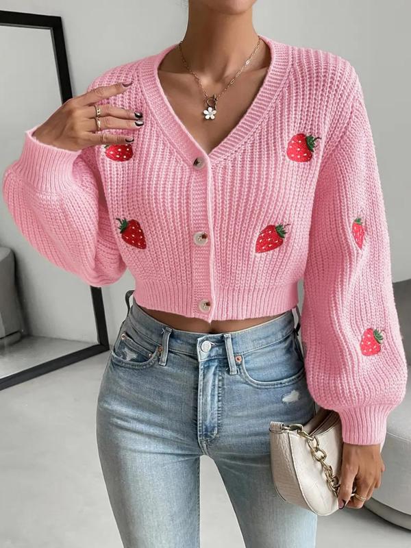 Women's Strawberry Embroidery Button Front Crop Cardigan, Casual V Neck Lantern Sleeve Knitwear for Spring & Fall, Fashion Women's Knit Clothing for Daily Wear