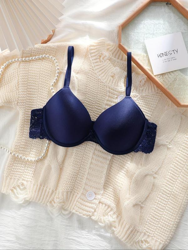 Women's Contrast Lace Hook & Eye Buckle Bralette, Solid Color Push Up Bra, Soft Comfy Breathable Lingerie for Daily Wear