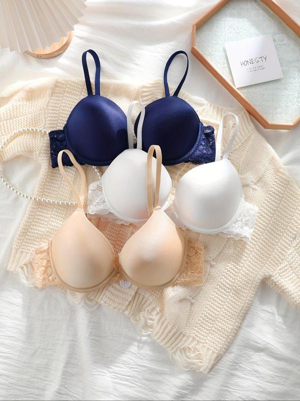 Women's Contrast Lace Hook & Eye Buckle Bralette, Solid Color Push Up Bra, Soft Comfy Breathable Lingerie for Daily Wear