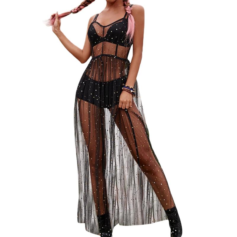 Women Sexy Spaghetti Strap Sheer Mesh High Split Long Maxi Dress Grown for Evening Party Rave Prom