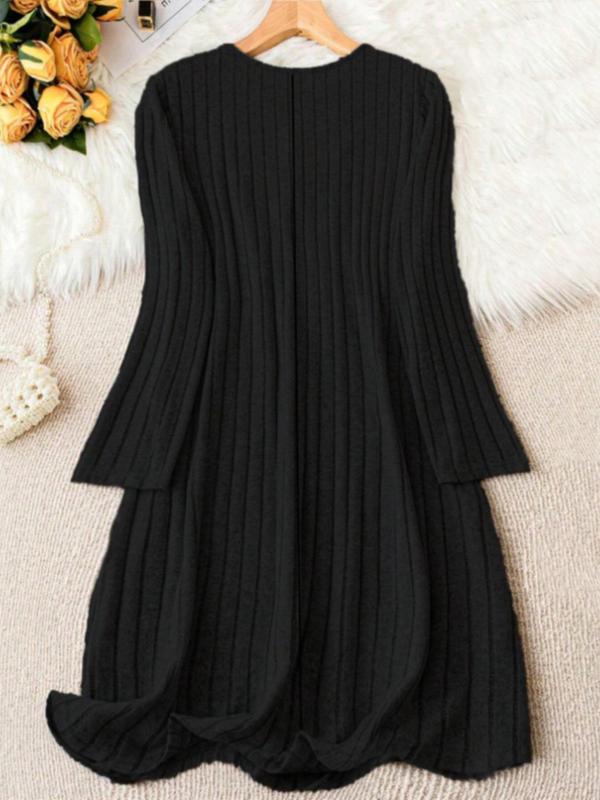  Solid Button Front Ribbed V Neck Dress, Casual Long Sleeve Dress for Fall & Winter, Women's Clothes for Daily Wear