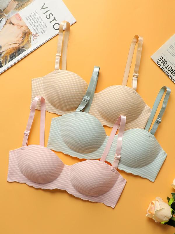 Women's 3pcs Gingham Print Scallop Trim Wireless Bra, Comfortable Breathable Soft Adjustable Strap Push Up Bra for Daily Wear, Lingerie for All Seasons