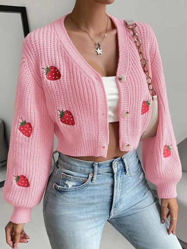 Women's Strawberry Embroidery Button Front Crop Cardigan, Casual V Neck Lantern Sleeve Knitwear for Spring & Fall, Fashion Women's Knit Clothing for Daily Wear