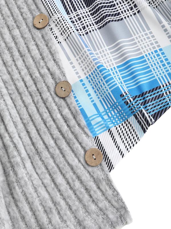 Women's Patchwork Plaid Print Button Decor Tie Side Off Shoulder Dress, Casual Drawstring Long Sleeve A Line Dress for Fall & Winter, Women's Clothes for Daily Wear